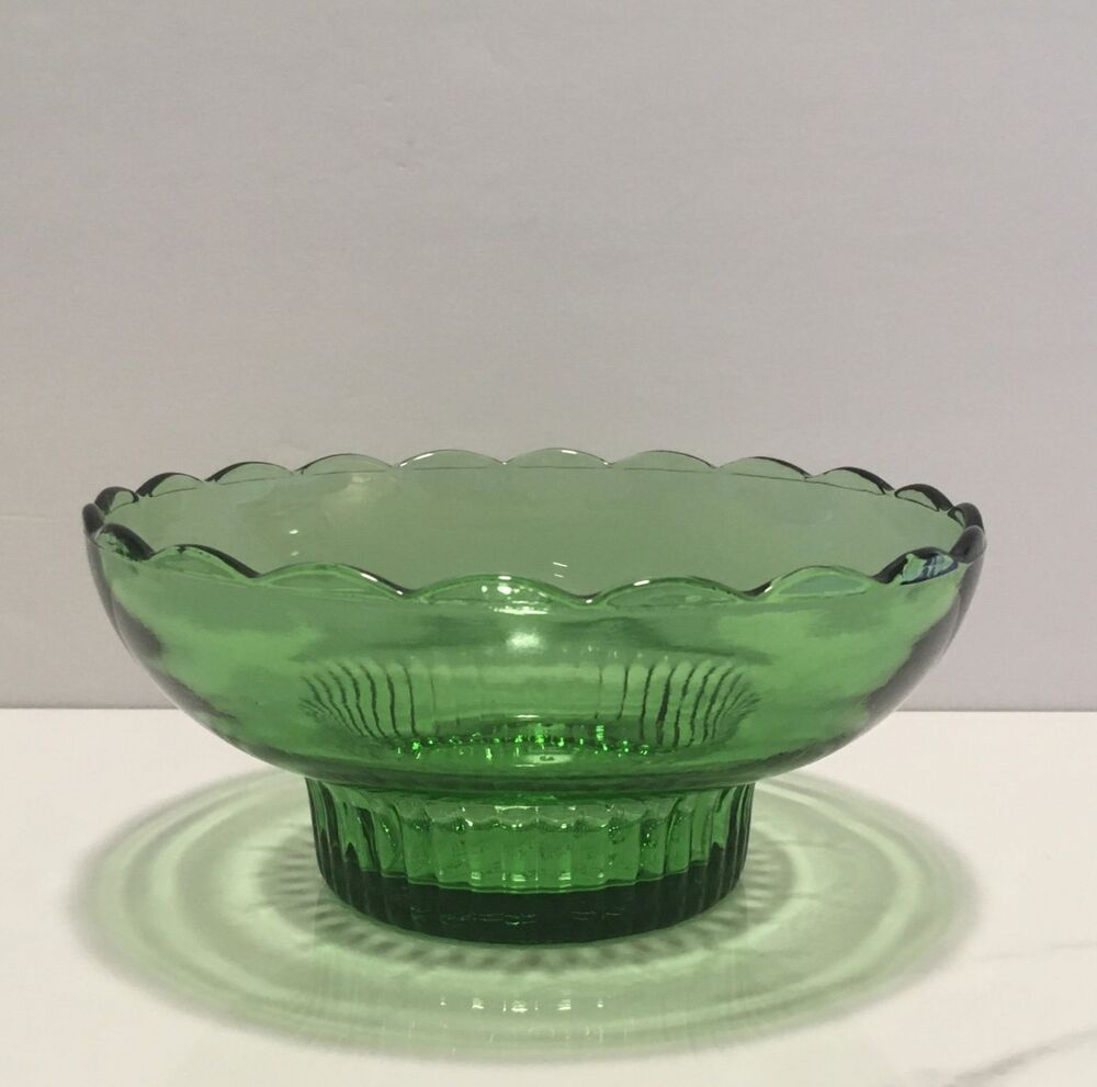 Vintage Emerald Green Glass Pedestal Bowl Scalloped Rim Dish E.O. Brody Co.